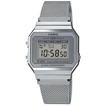 Ρολόι Casio Vintage A-700WEM-7AEF που συνδυάζει ασημί μπρασελέ από ανοξείδωτο ατσάλι και ασημί καντράν με πλαίσιο σε τετράγωνο σχήμα και ψηφιακή ένδειξη.